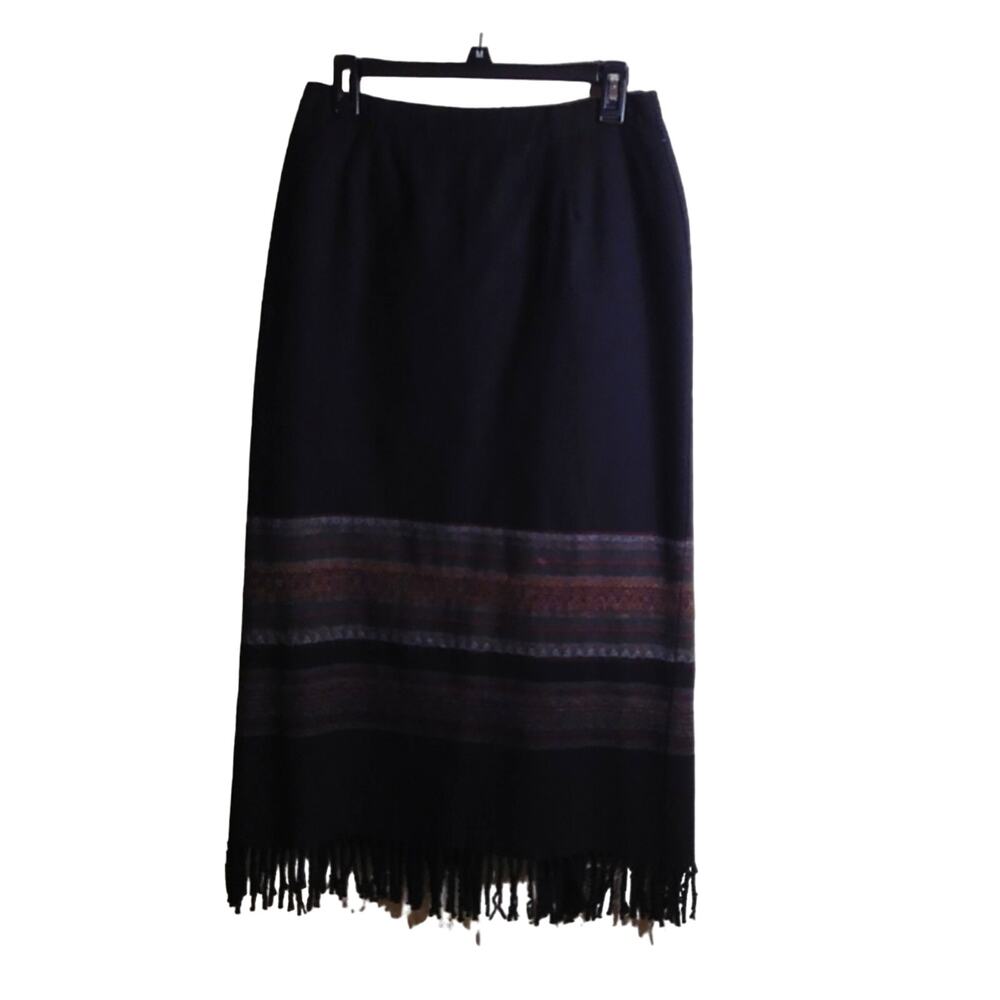 Michele Vintage Long Black Wool-Blend Lined Skirt with Fringe, 10 petite